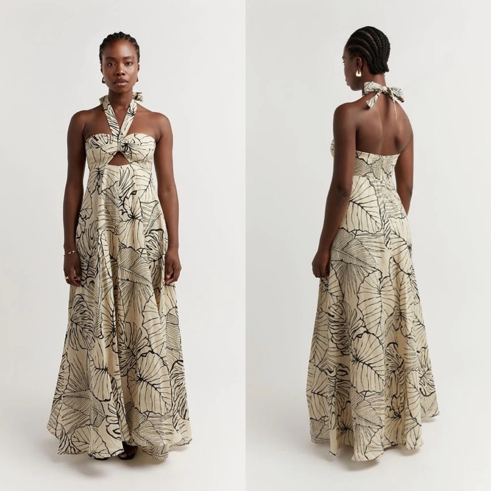 DISSH (EUC) | Malta Halter Linen Knot Dress Palm Leaf Maxi Dress